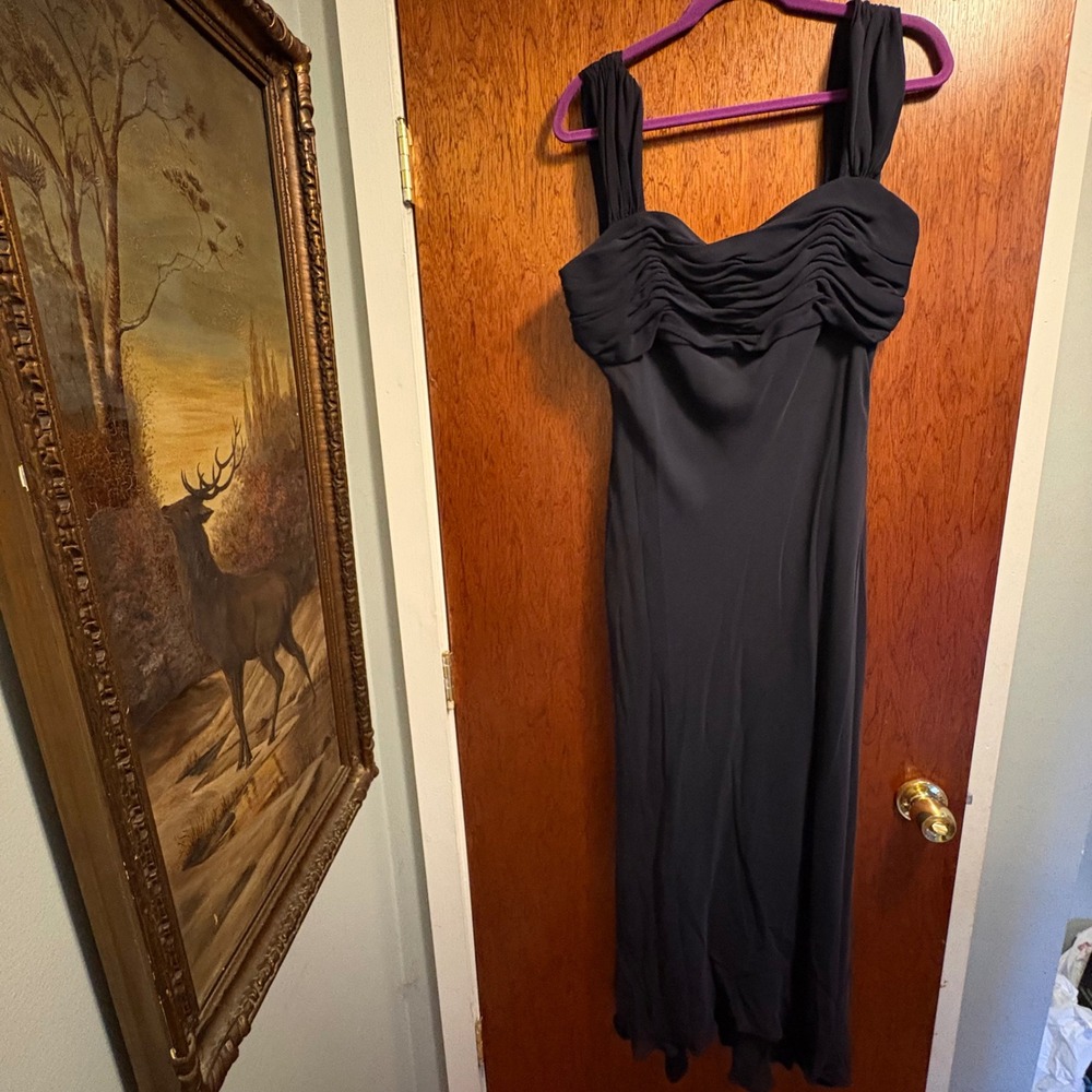 Black Silk Cocktail Midi Dress Ruched Sweetheart Formal Women's 16